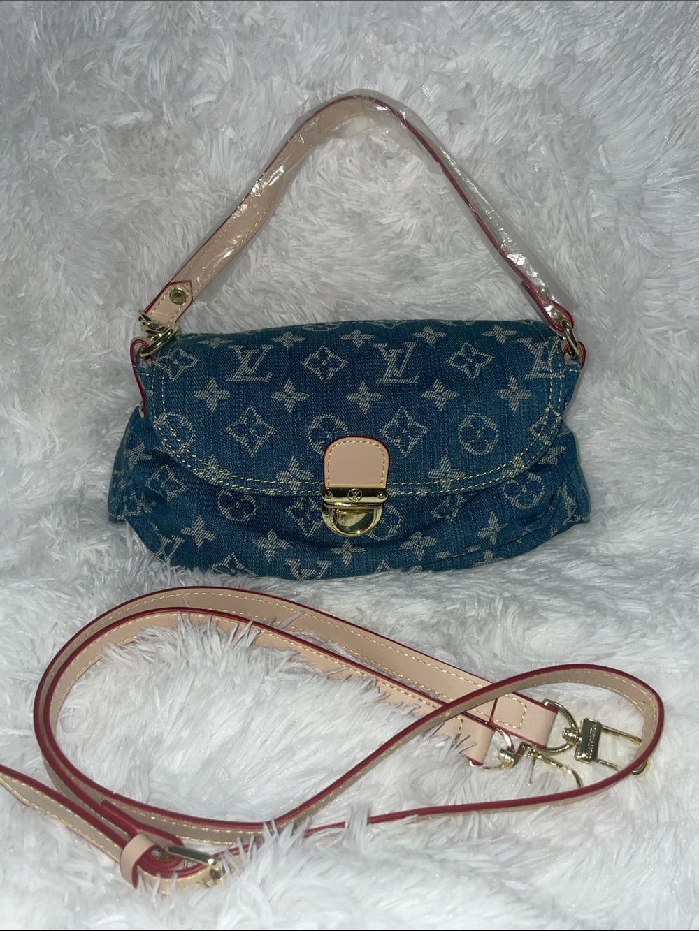 Louis Vuitton Blue Monogram Denim Shoulder Bag with Beige Trim